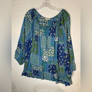 MARINA Blue and Green Patchwork Blouse